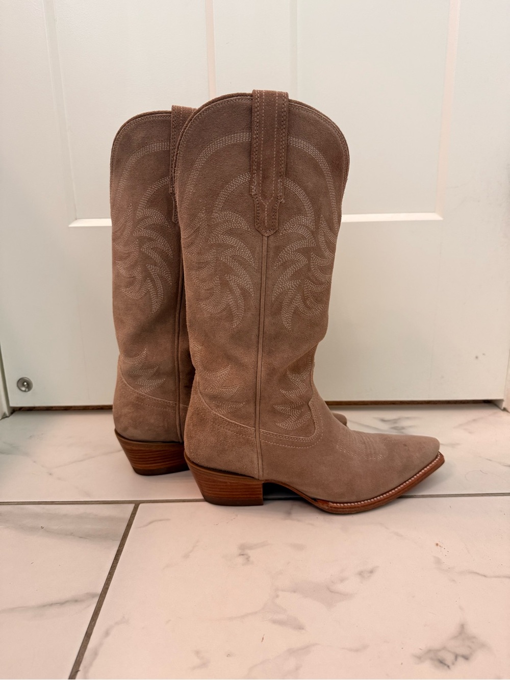 Tecovas Taupe Suede Western Heeled Boots